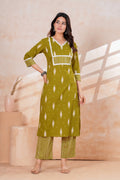 Olive Green Printed Kurta Pant Set | Straight Kurta