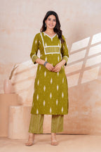 Olive Green Printed Kurta Pant Set | Straight Kurta