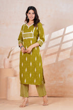 Olive Green Printed Kurta Pant Set | Straight Kurta