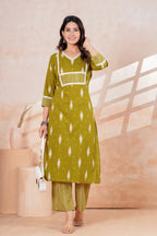 Olive Green Printed Kurta Pant Set | Straight Kurta