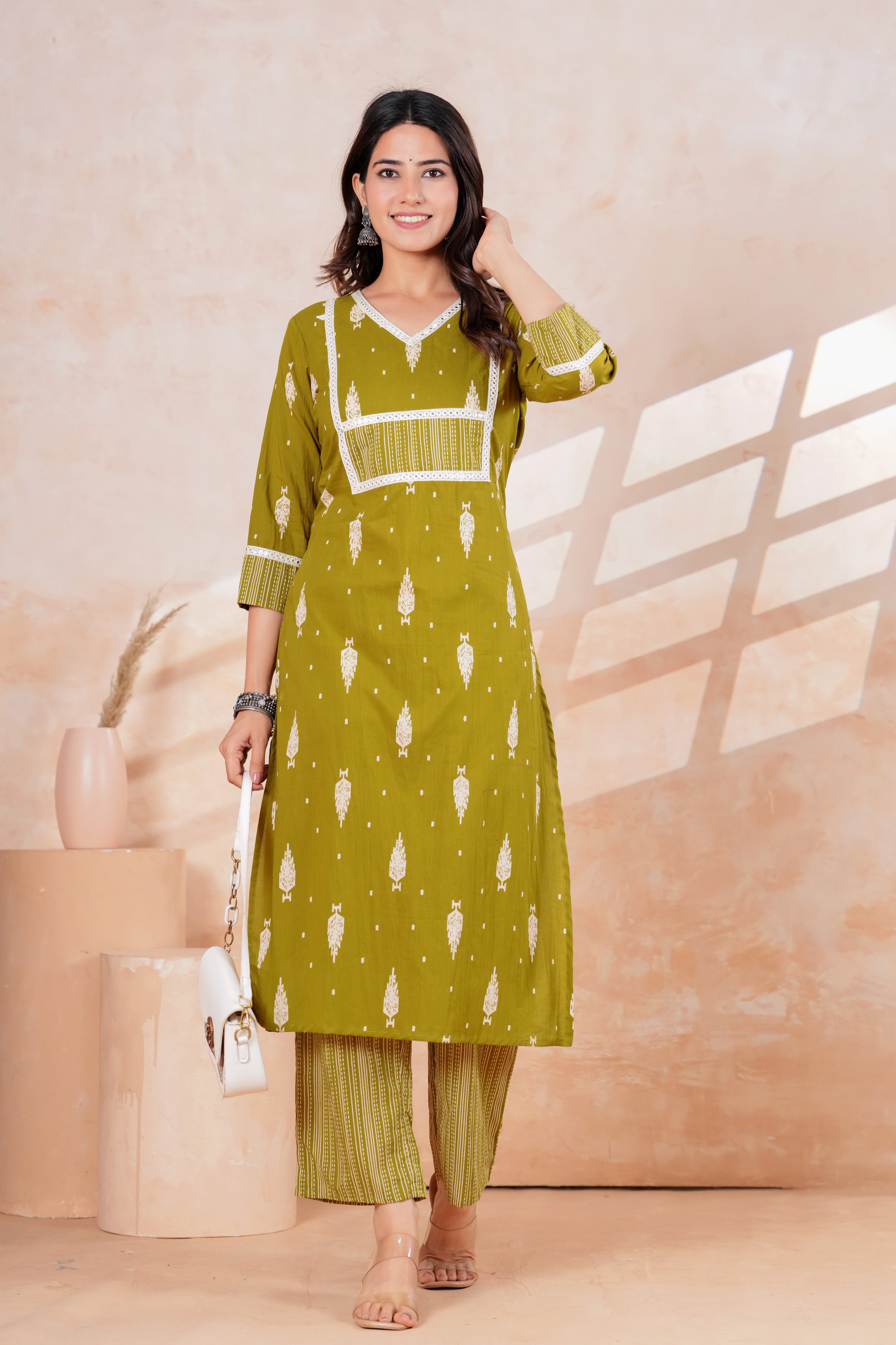Olive Green Printed Kurta Pant Set | Straight Kurta