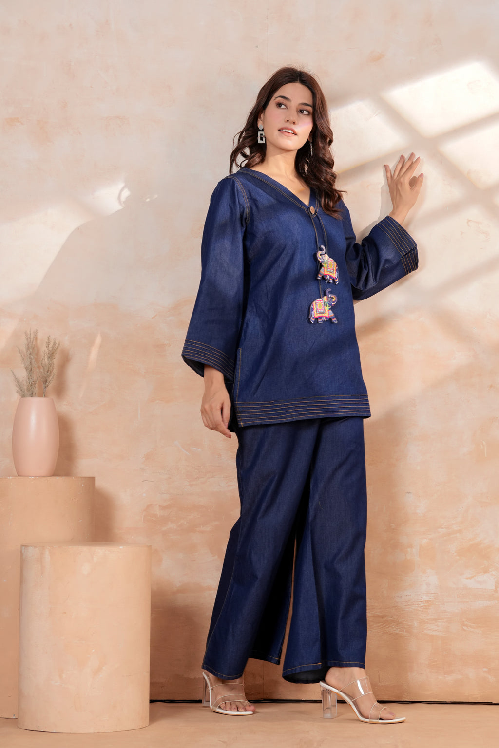 Denim Co-Ord Set | Blue Denim Kurti with Wide Leg Palazzo | Casual Ethnic Wear | Stylish 2-Piece Outfit