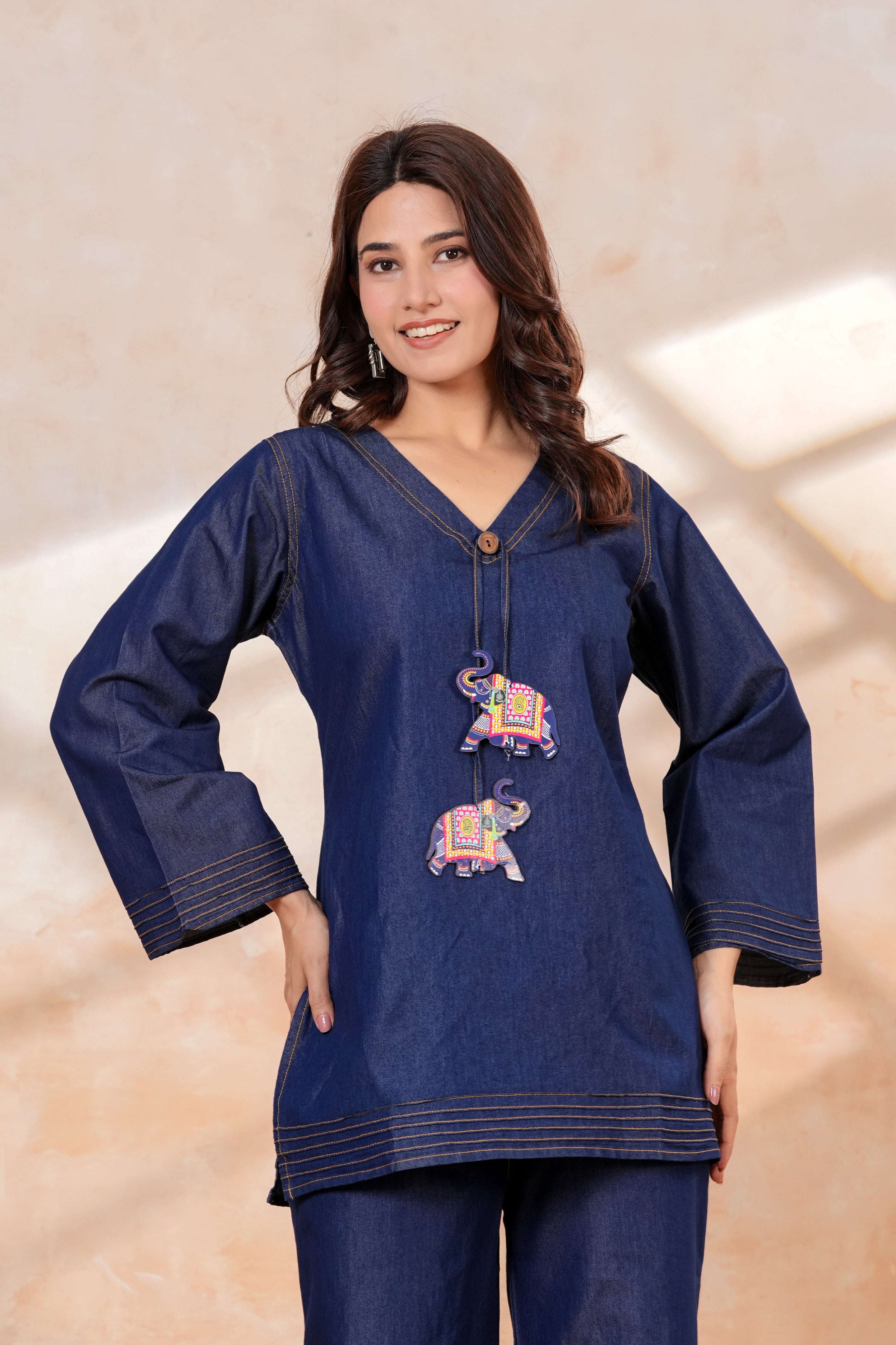 Denim Co-Ord Set | Blue Denim Kurti with Wide Leg Palazzo | Casual Ethnic Wear | Stylish 2-Piece Outfit