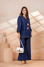 Denim Co-Ord Set | Blue Denim Kurti with Wide Leg Palazzo | Casual Ethnic Wear | Stylish 2-Piece Outfit