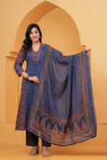 Navy Blue Printed Cotton Anarkali Kurta Pant Set With Dupatta | Ethnic Wear for Women