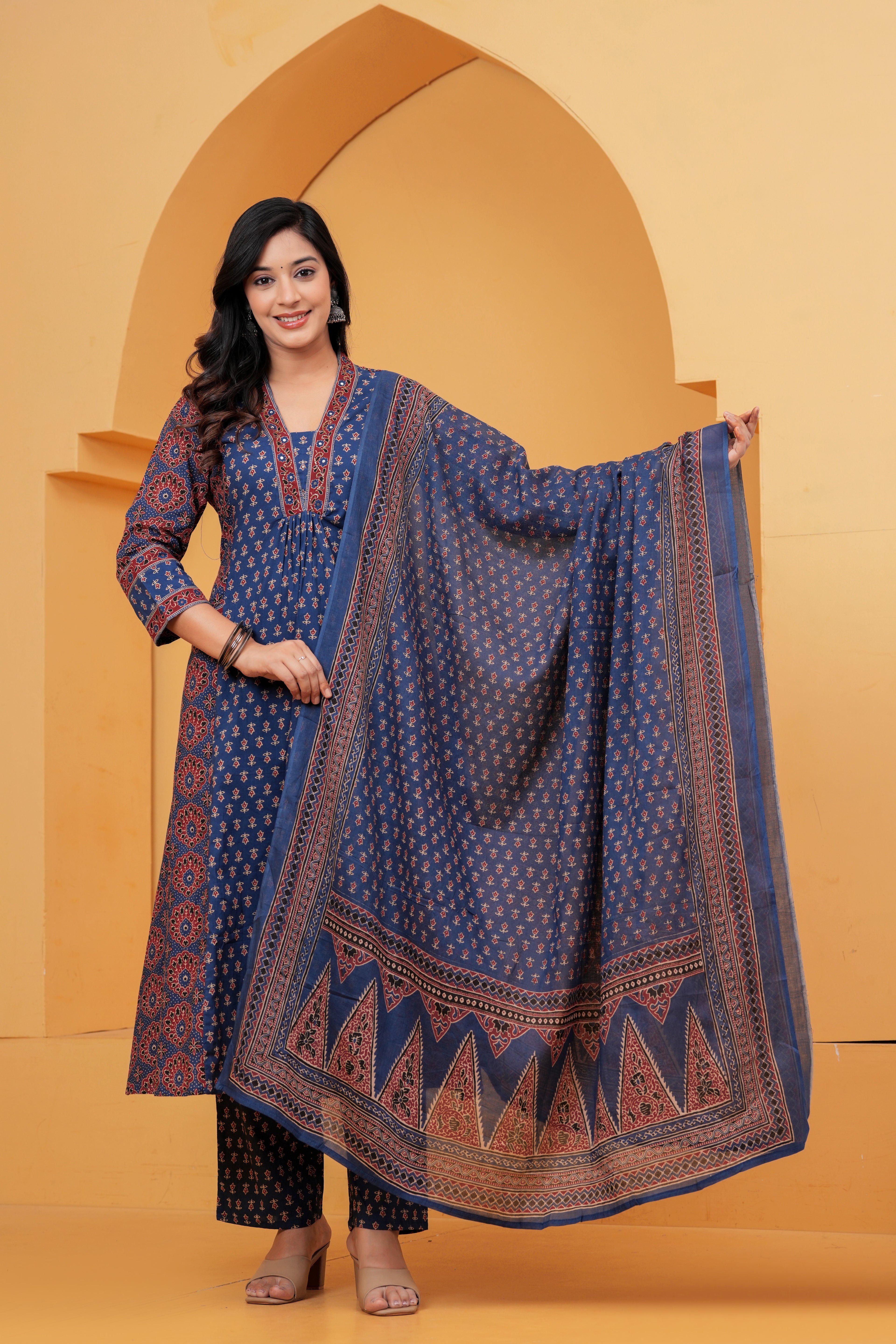 Navy Blue Printed Cotton Anarkali Kurta Pant Set With Dupatta | Ethnic Wear for Women