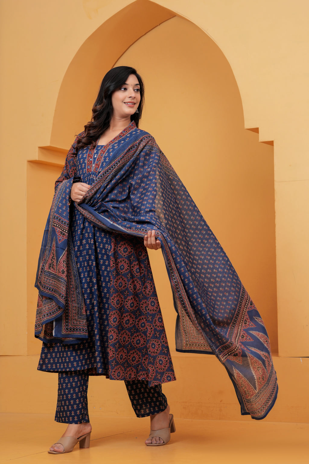 Navy Blue Printed Cotton Anarkali Kurta Pant Set With Dupatta | Ethnic Wear for Women