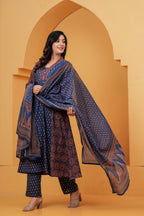 Navy Blue Printed Cotton Anarkali Kurta Pant Set With Dupatta | Ethnic Wear for Women