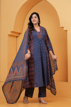 Navy Blue Printed Cotton Anarkali Kurta Pant Set With Dupatta | Ethnic Wear for Women