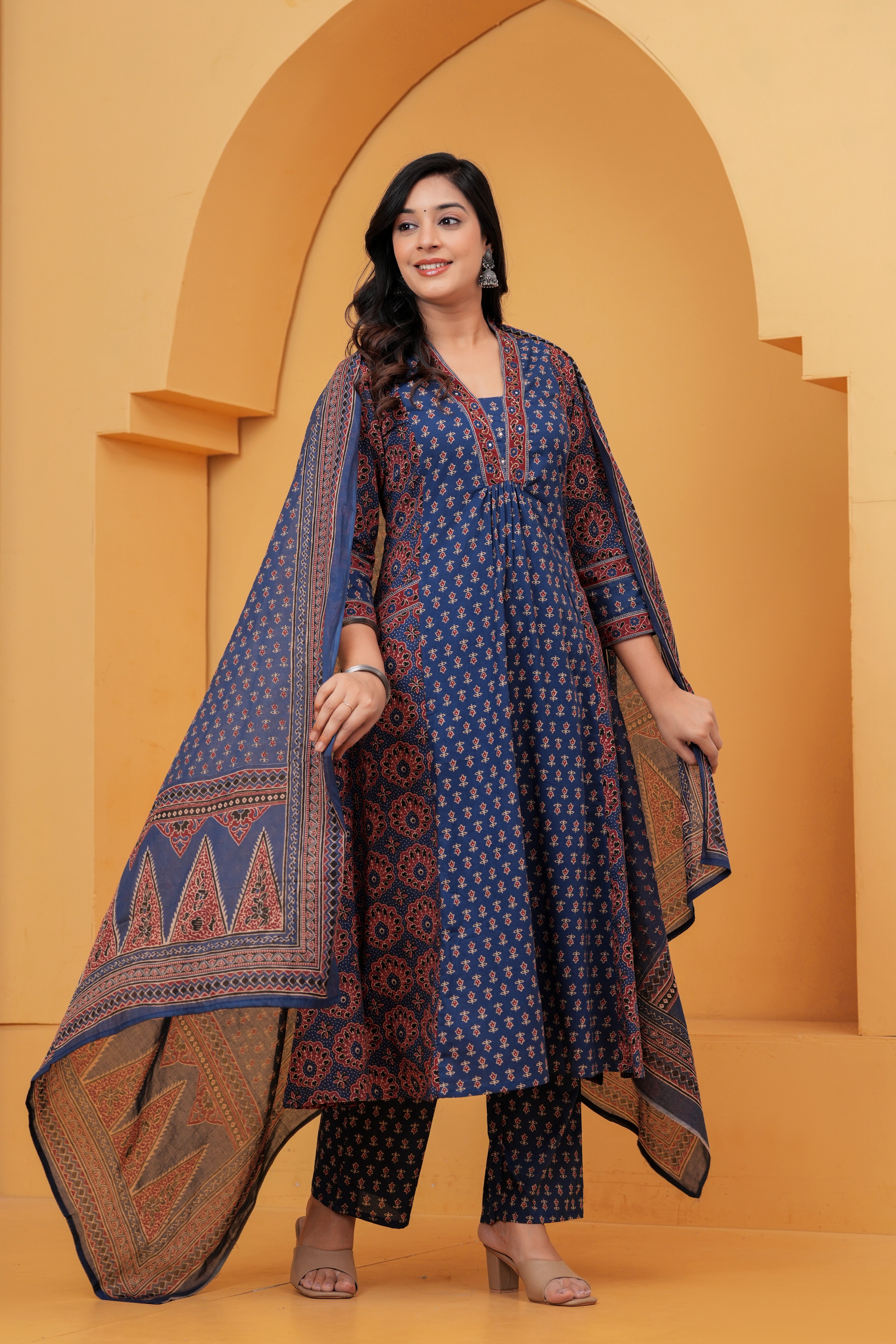 Navy Blue Printed Cotton Anarkali Kurta Pant Set With Dupatta | Ethnic Wear for Women
