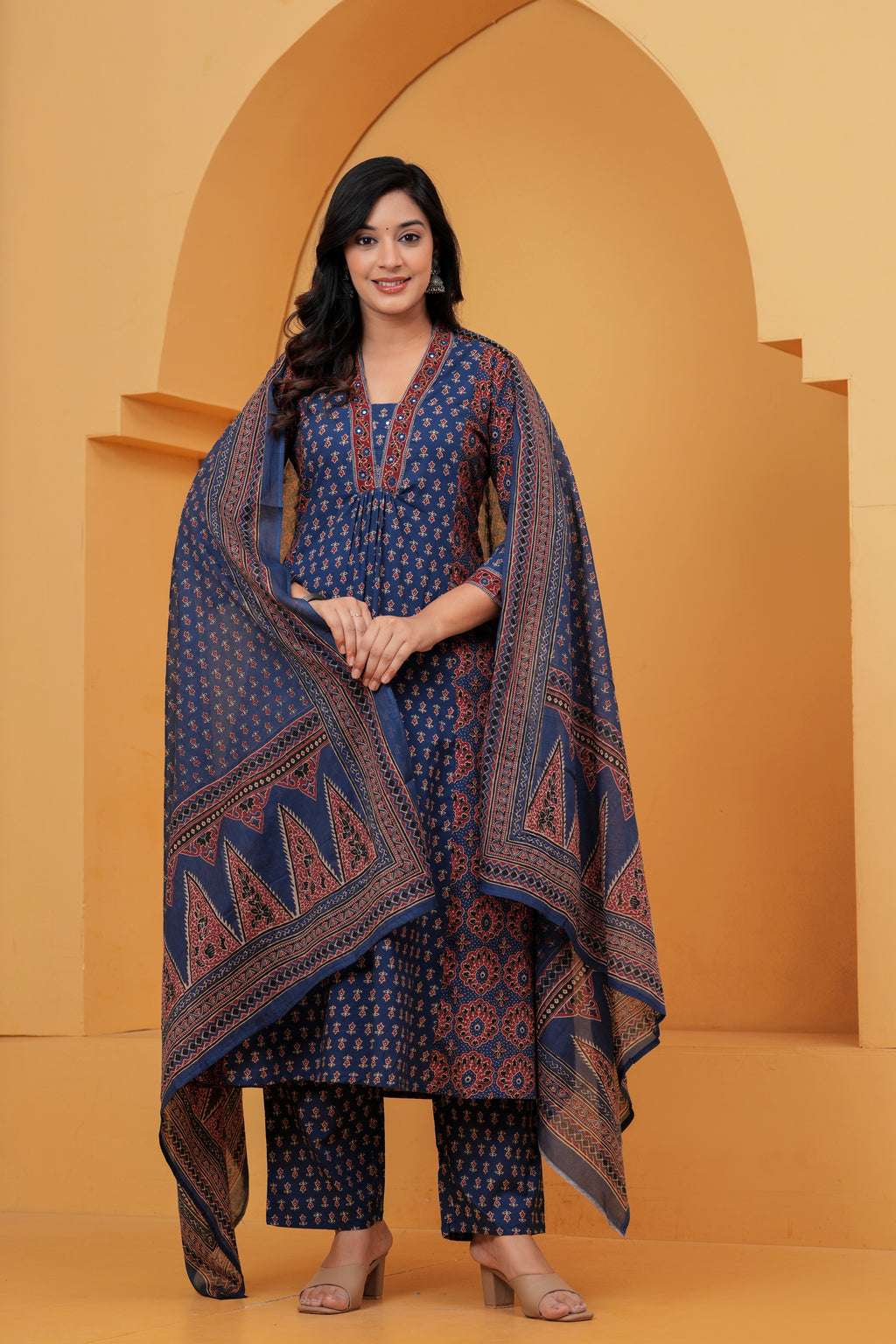 Navy Blue Printed Cotton Anarkali Kurta Pant Set With Dupatta | Ethnic Wear for Women