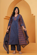 Navy Blue Printed Cotton Anarkali Kurta Pant Set With Dupatta | Ethnic Wear for Women