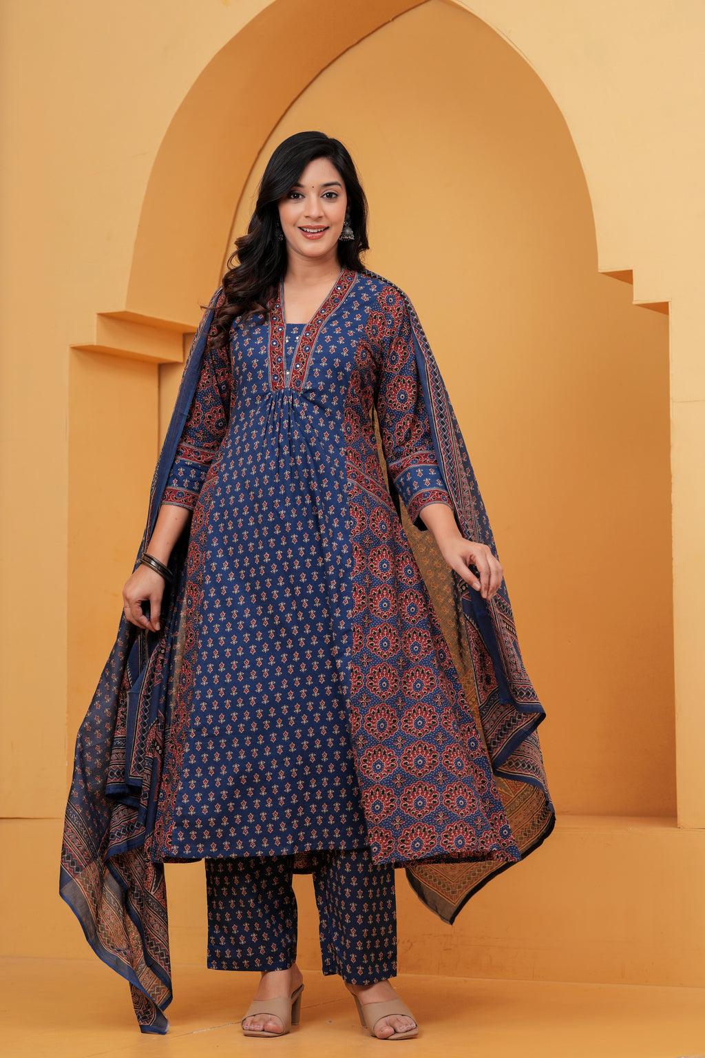 Navy Blue Printed Cotton Anarkali Kurta Pant Set With Dupatta | Ethnic Wear for Women