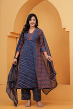 Navy Blue Printed Cotton Anarkali Kurta Pant Set With Dupatta | Ethnic Wear for Women