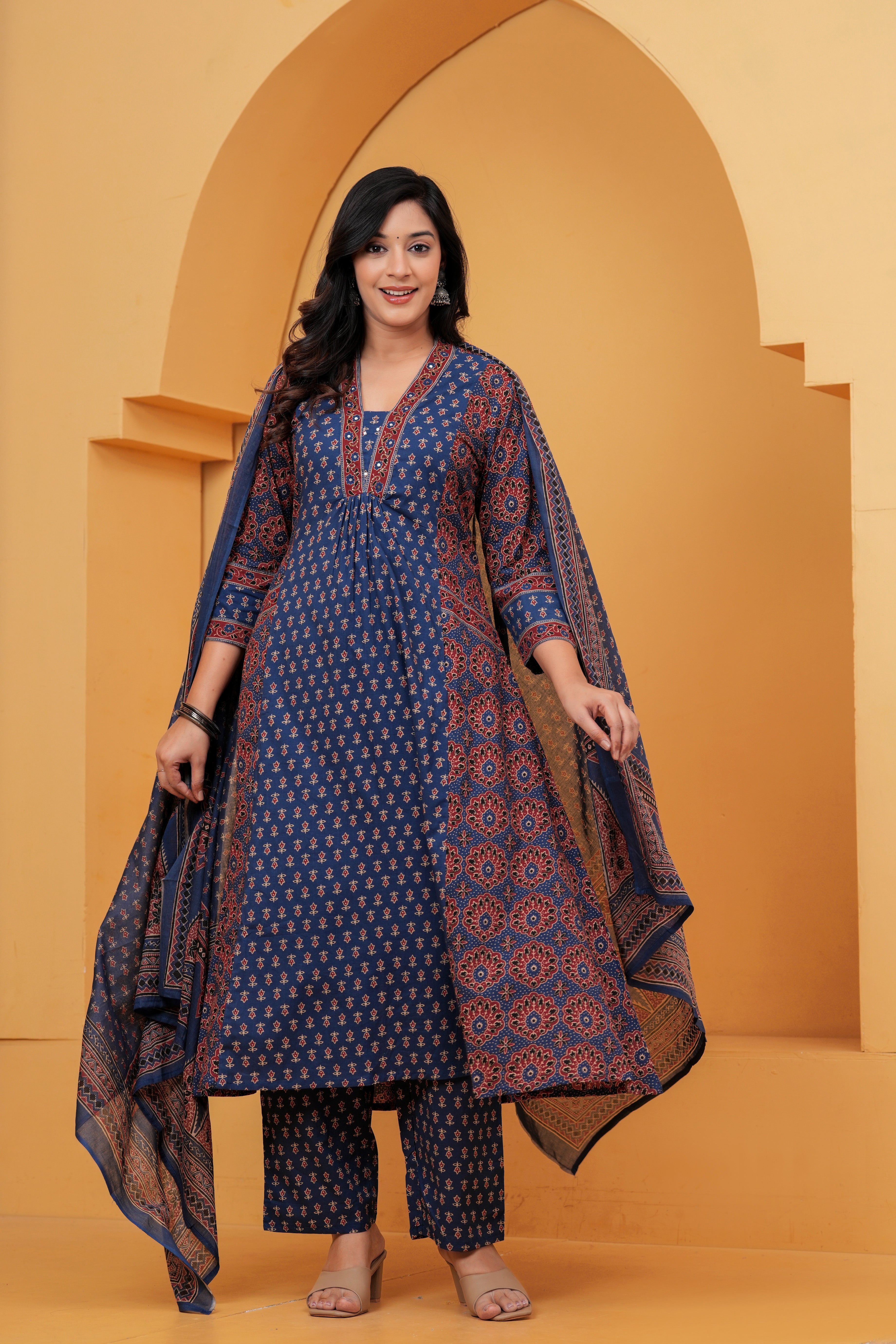 Navy Blue Printed Cotton Anarkali Kurta Pant Set With Dupatta | Ethnic Wear for Women