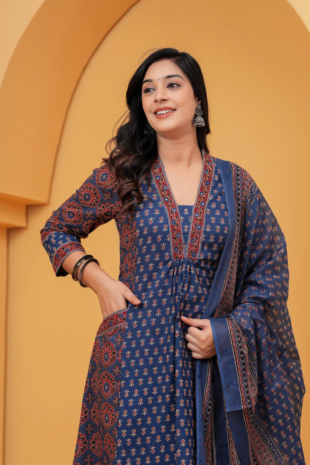 Navy Blue Printed Cotton Anarkali Kurta Pant Set With Dupatta | Ethnic Wear for Women