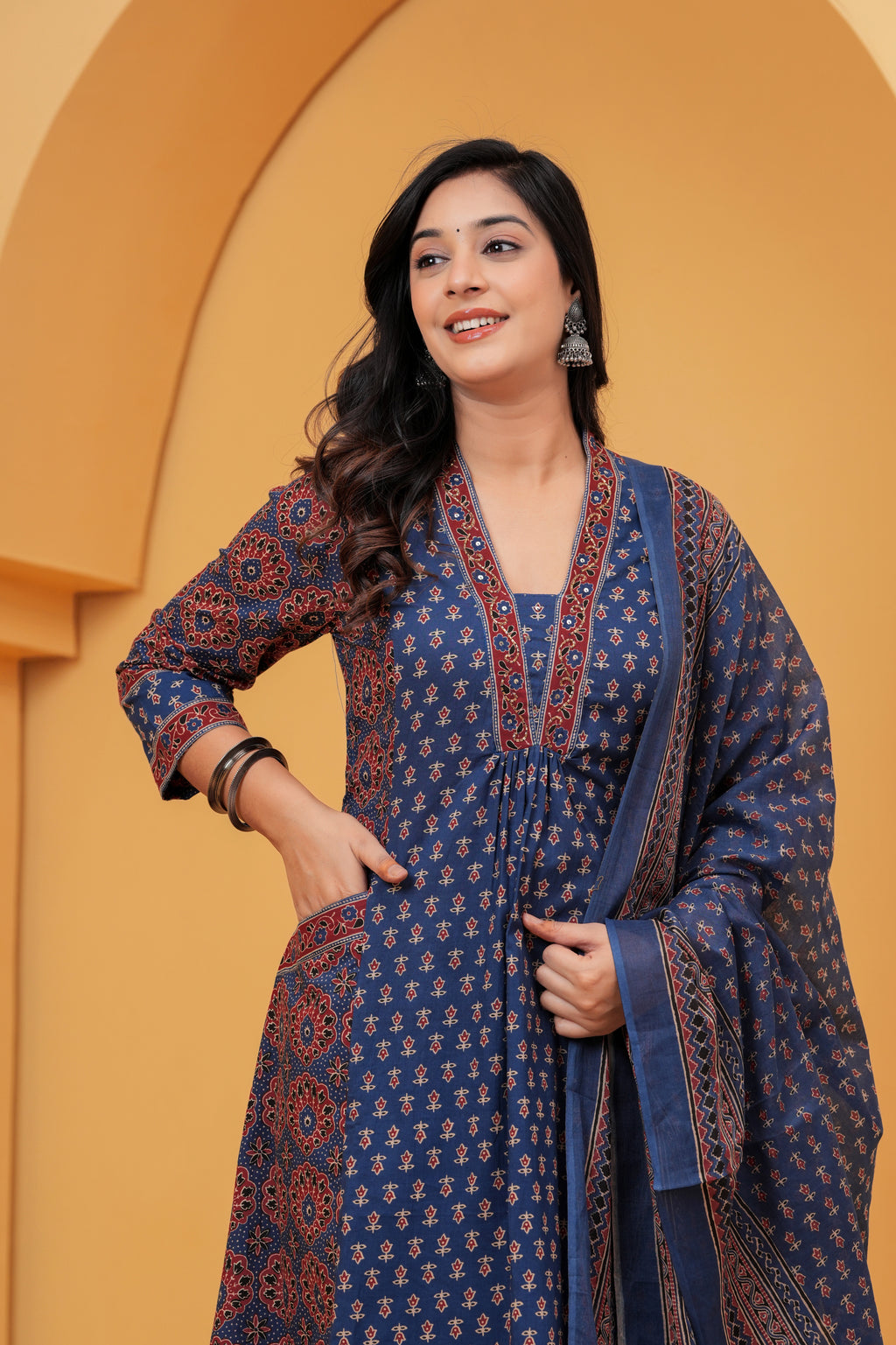 Navy Blue Printed Cotton Anarkali Kurta Pant Set With Dupatta | Ethnic Wear for Women