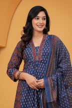 Navy Blue Printed Cotton Anarkali Kurta Pant Set With Dupatta | Ethnic Wear for Women