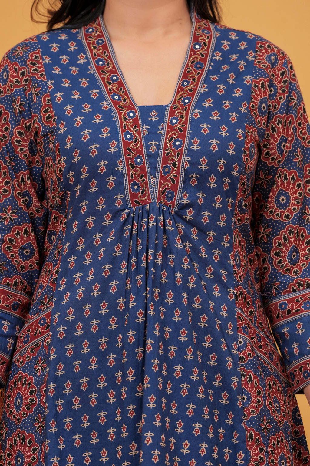Navy Blue Printed Cotton Anarkali Kurta Pant Set With Dupatta | Ethnic Wear for Women