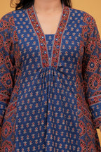 Navy Blue Printed Cotton Anarkali Kurta Pant Set With Dupatta | Ethnic Wear for Women