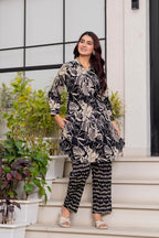 Black & Beige Floral Printed Kurti Pant Set