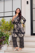 Black & Beige Floral Printed Kurti Pant Set