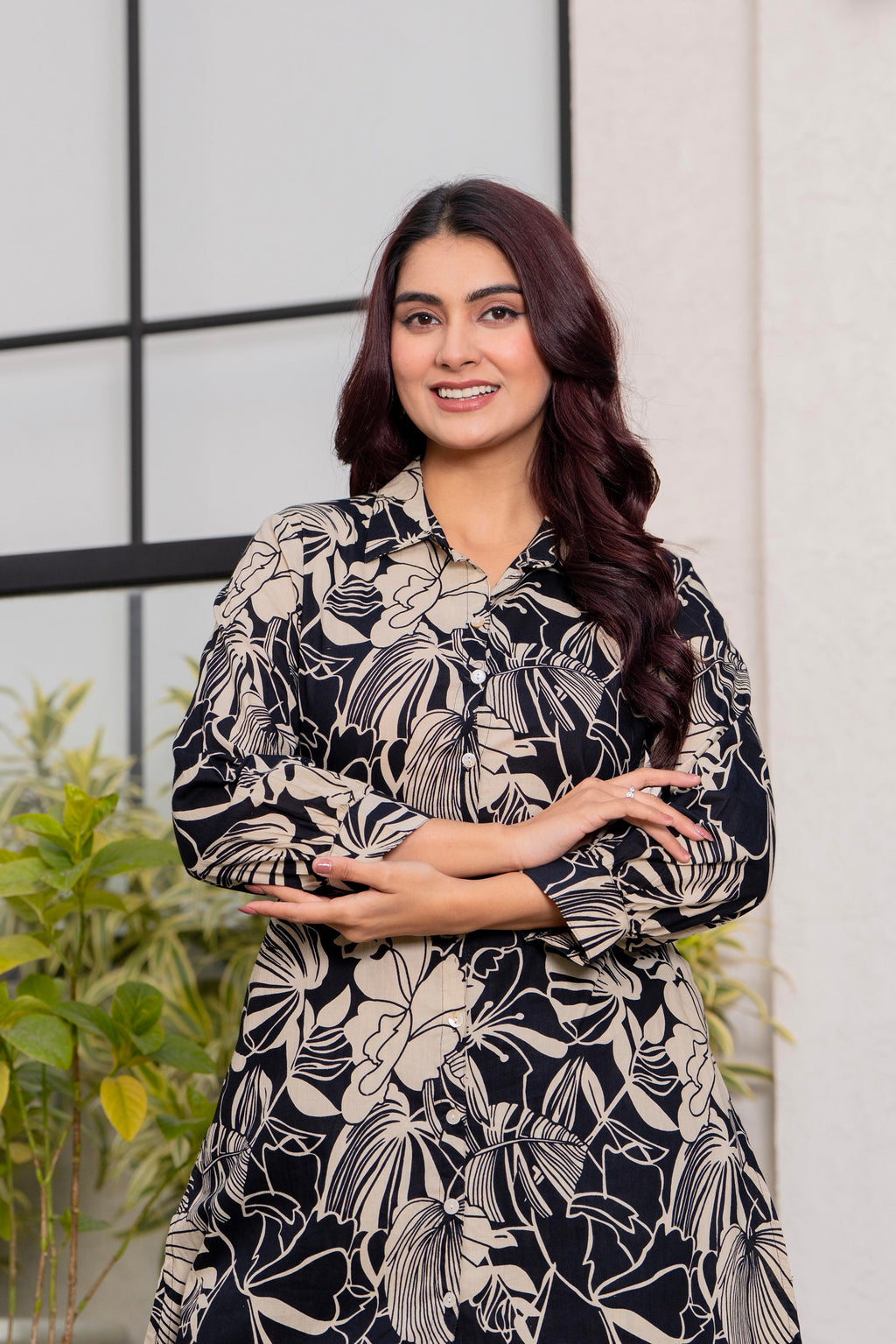 Black & Beige Floral Printed Kurti Pant Set