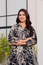 Black & Beige Floral Printed Kurti Pant Set