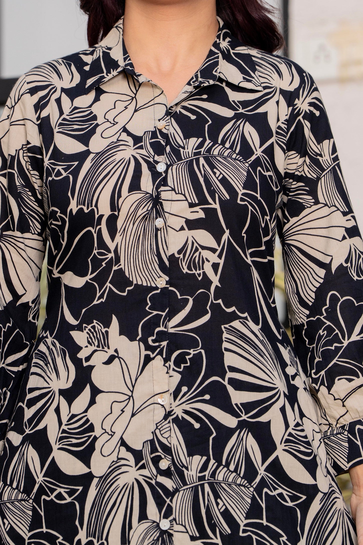 Black & Beige Floral Printed Kurti Pant Set