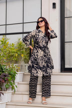 Black & Beige Floral Printed Kurti Pant Set