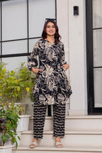 Black & Beige Floral Printed Kurti Pant Set
