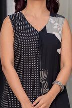 Black Sleeveless Midi Dress with Polka Dot & Floral Print