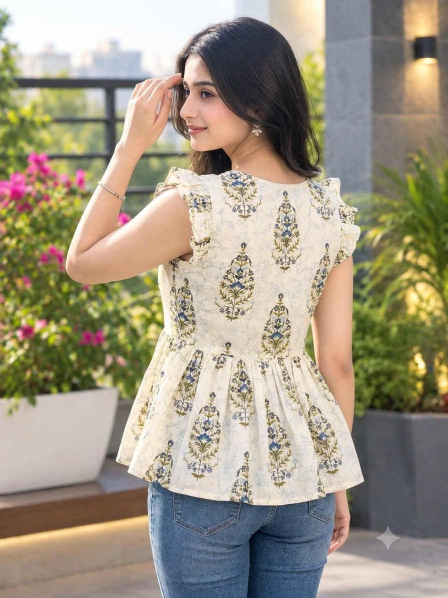 Floral Block Print White top V-Neck Peplum Top with Ruffled Cap Sleeves