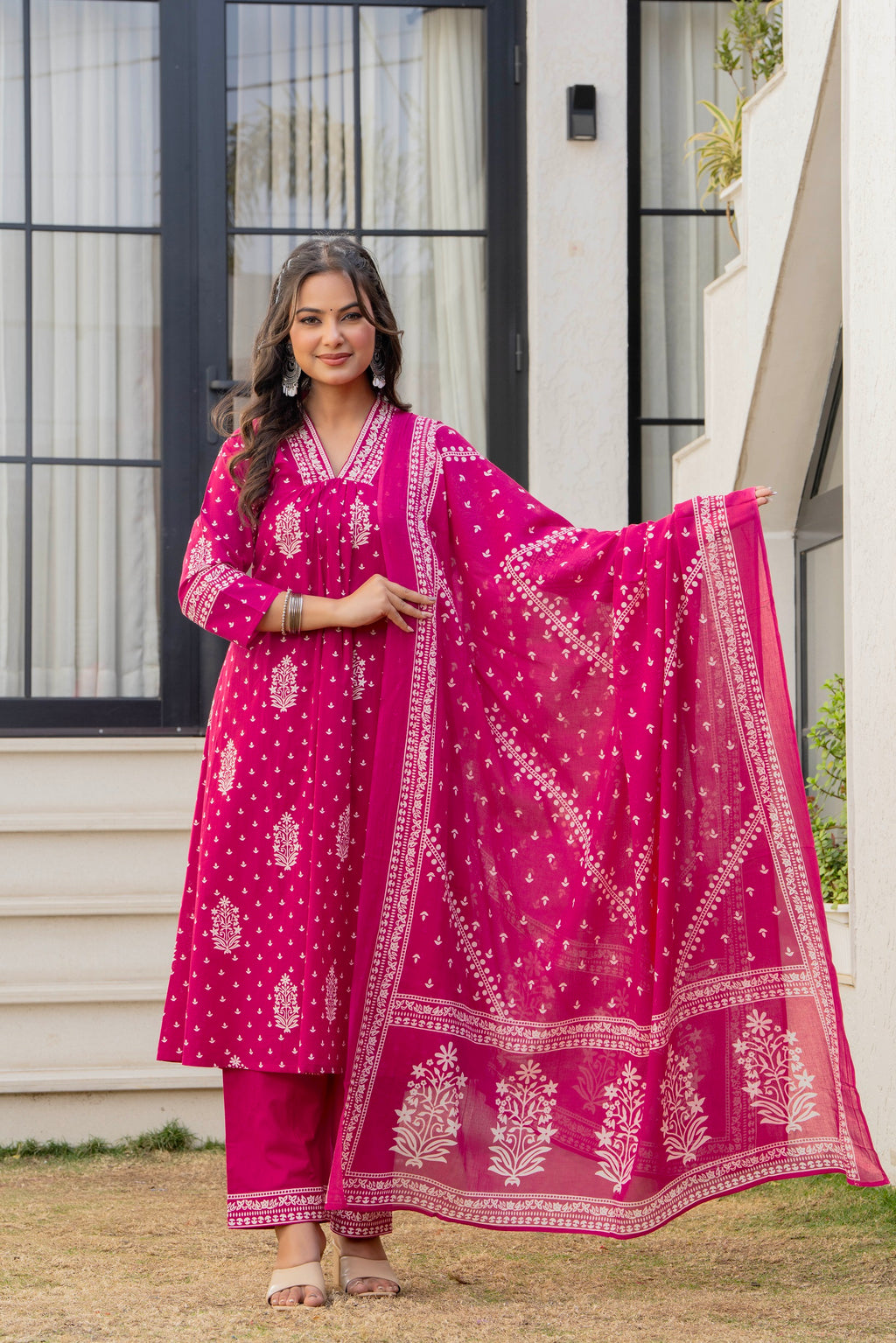 Pink Printed Cotton Kurta Set with Dupatta