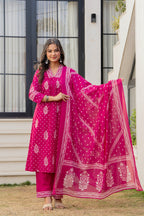 Pink Printed Cotton Kurta Set with Dupatta