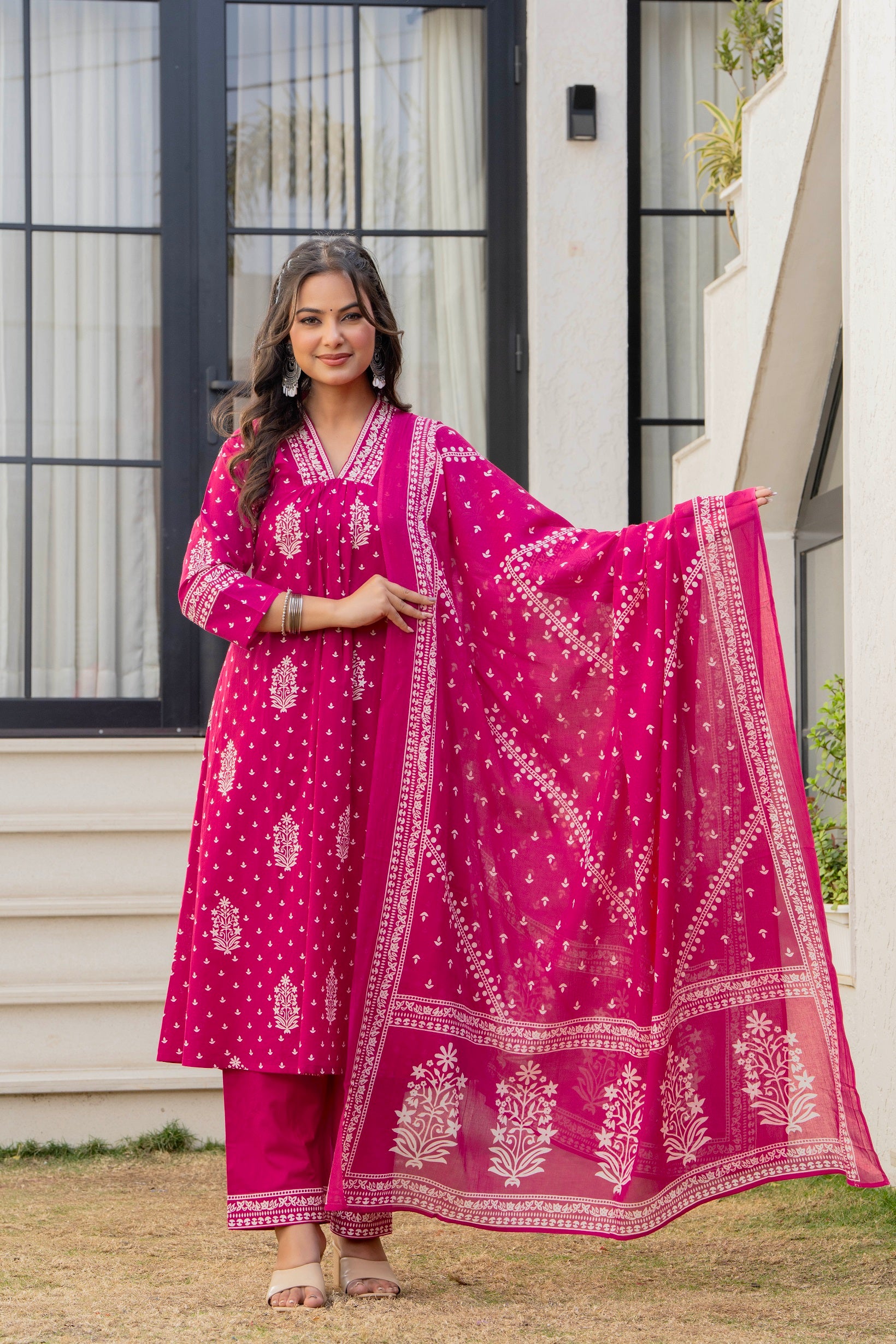Pink Printed Cotton Kurta Set with Dupatta