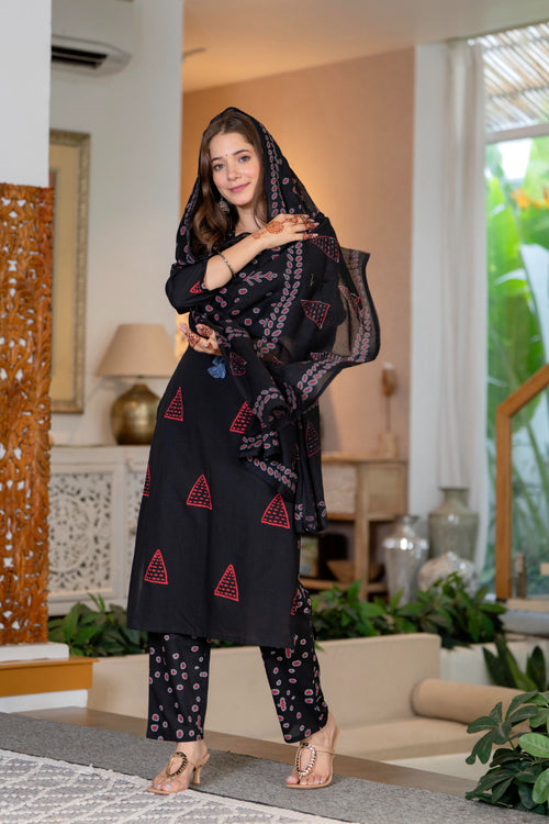 Black Cotton Kurta Pant Set with Matching Dupatta Set