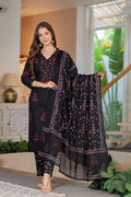 Black Cotton Kurta Pant Set with Matching Dupatta Set