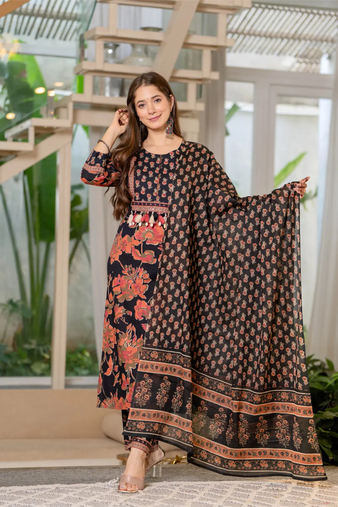 Women’s Teal Blue Printed Pure Cotton Kurta Set with Trousers & Dupatta
