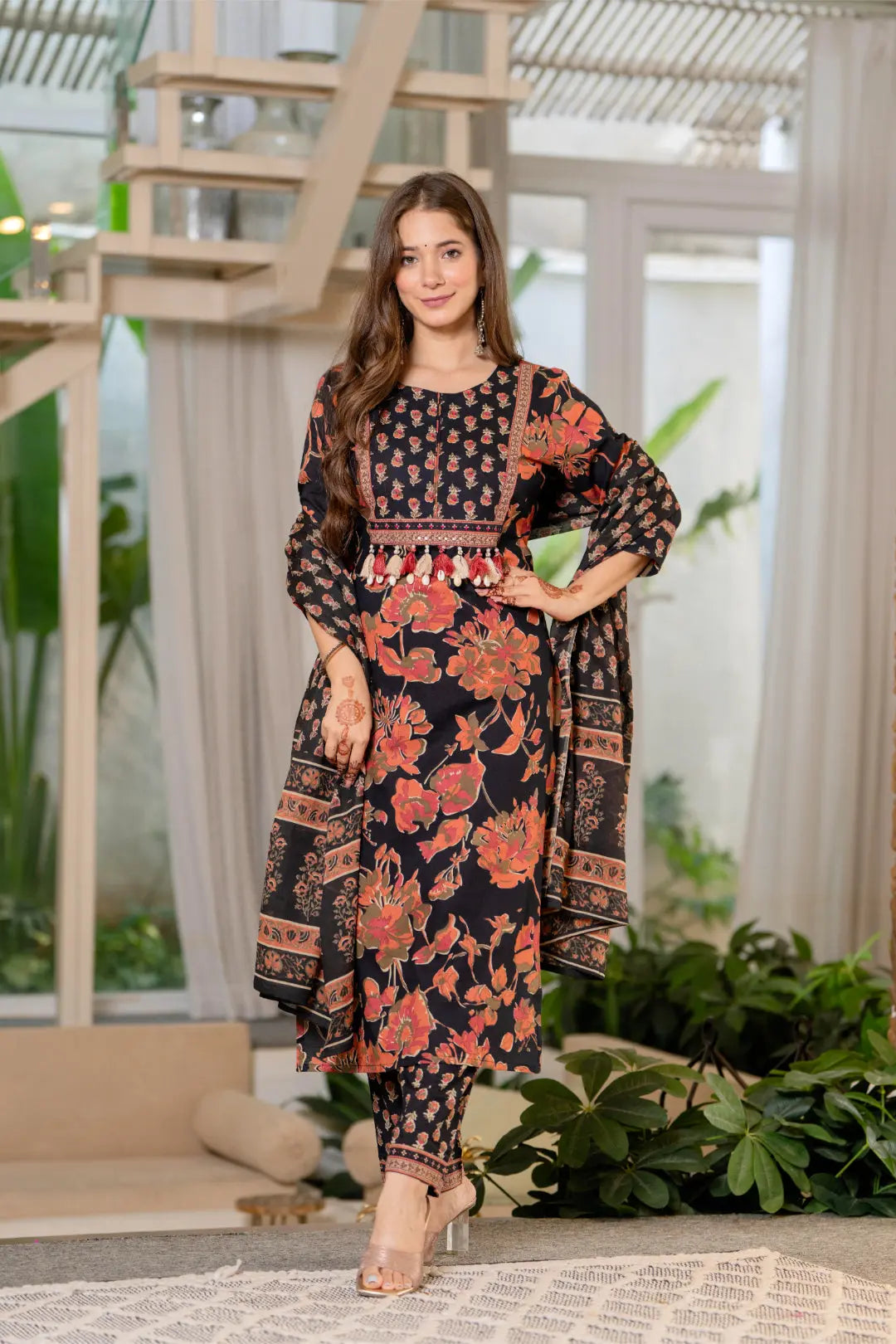 Women’s Teal Blue Printed Pure Cotton Kurta Set with Trousers & Dupatta