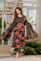 Women’s Teal Blue Printed Pure Cotton Kurta Set with Trousers & Dupatta