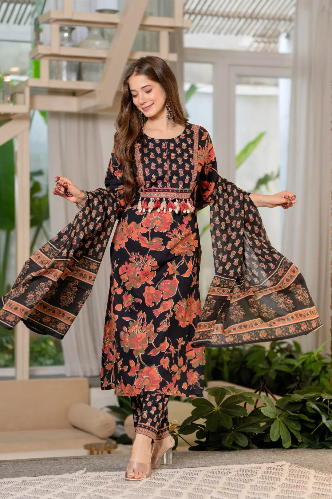 Women’s Teal Blue Printed Pure Cotton Kurta Set with Trousers & Dupatta