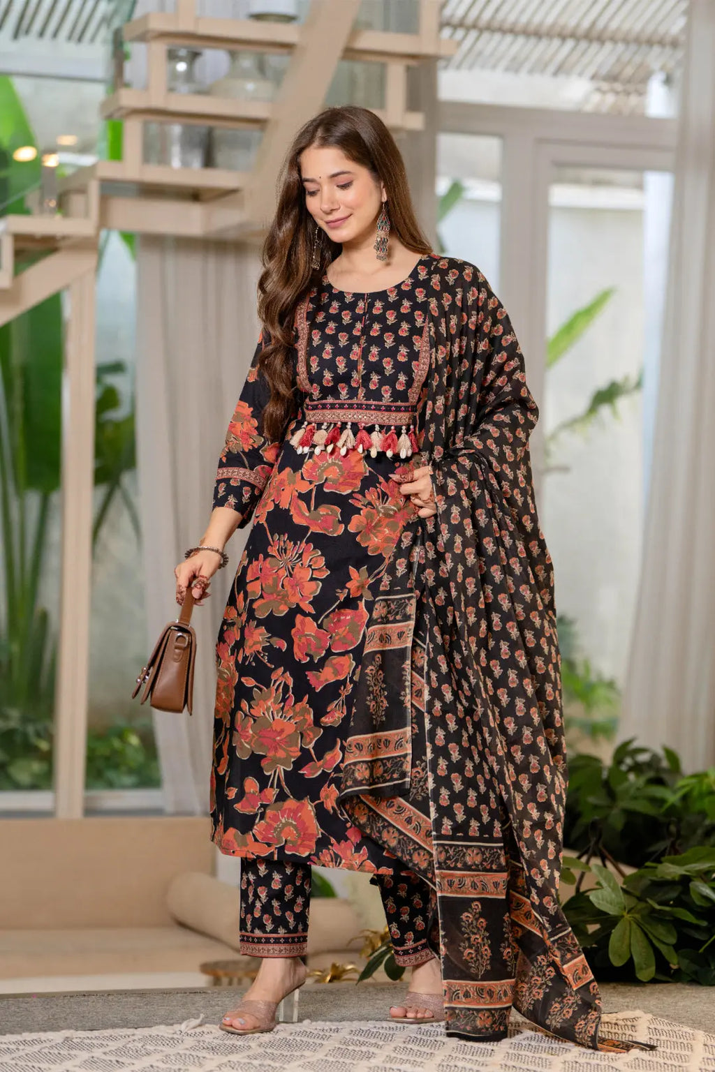 Women’s Teal Blue Printed Pure Cotton Kurta Set with Trousers & Dupatta