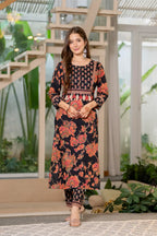 Women’s Teal Blue Printed Pure Cotton Kurta Set with Trousers & Dupatta