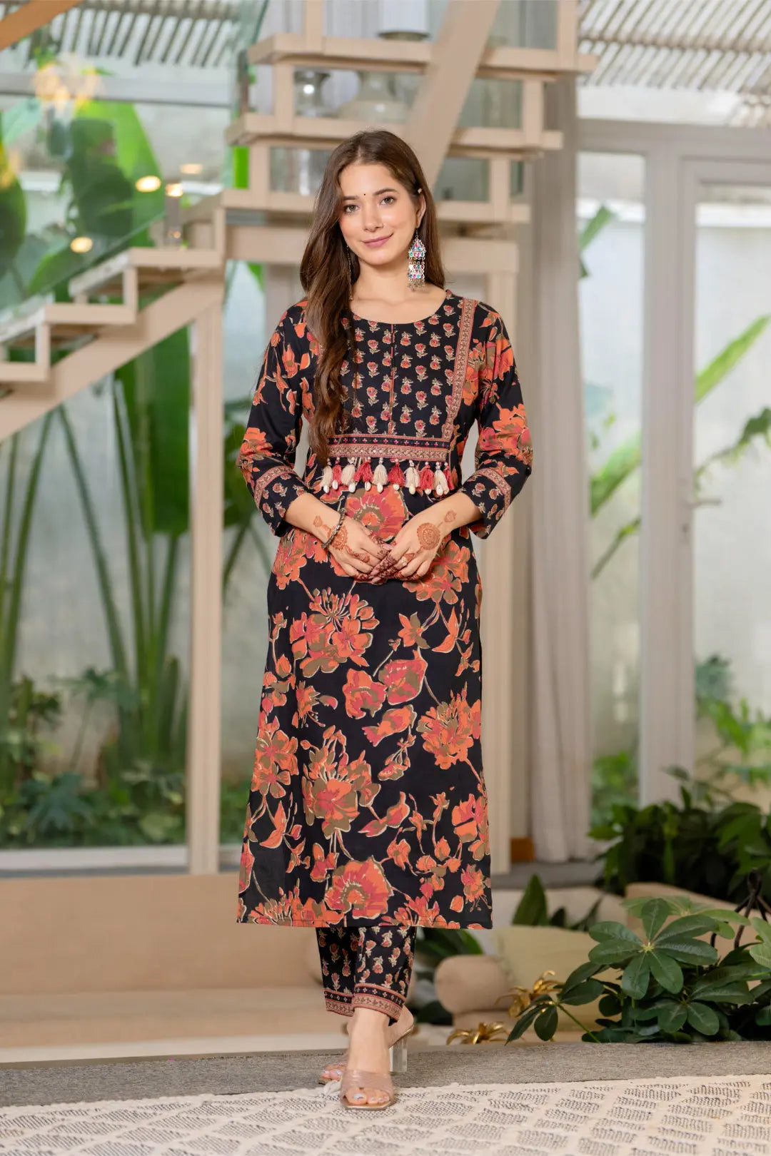 Women’s Teal Blue Printed Pure Cotton Kurta Set with Trousers & Dupatta