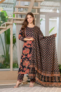 Women’s Teal Blue Printed Pure Cotton Kurta Set with Trousers & Dupatta