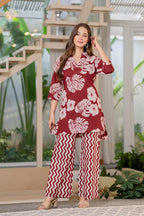 Women Maroon Pure Cotton Floral Printed Top With Trouser Co-Ord Set