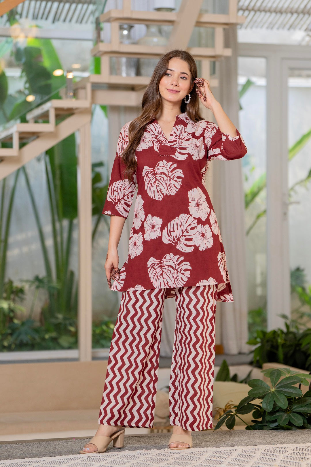 Women Maroon Pure Cotton Floral Printed Top With Trouser Co-Ord Set