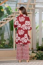 Women Maroon Pure Cotton Floral Printed Top With Trouser Co-Ord Set