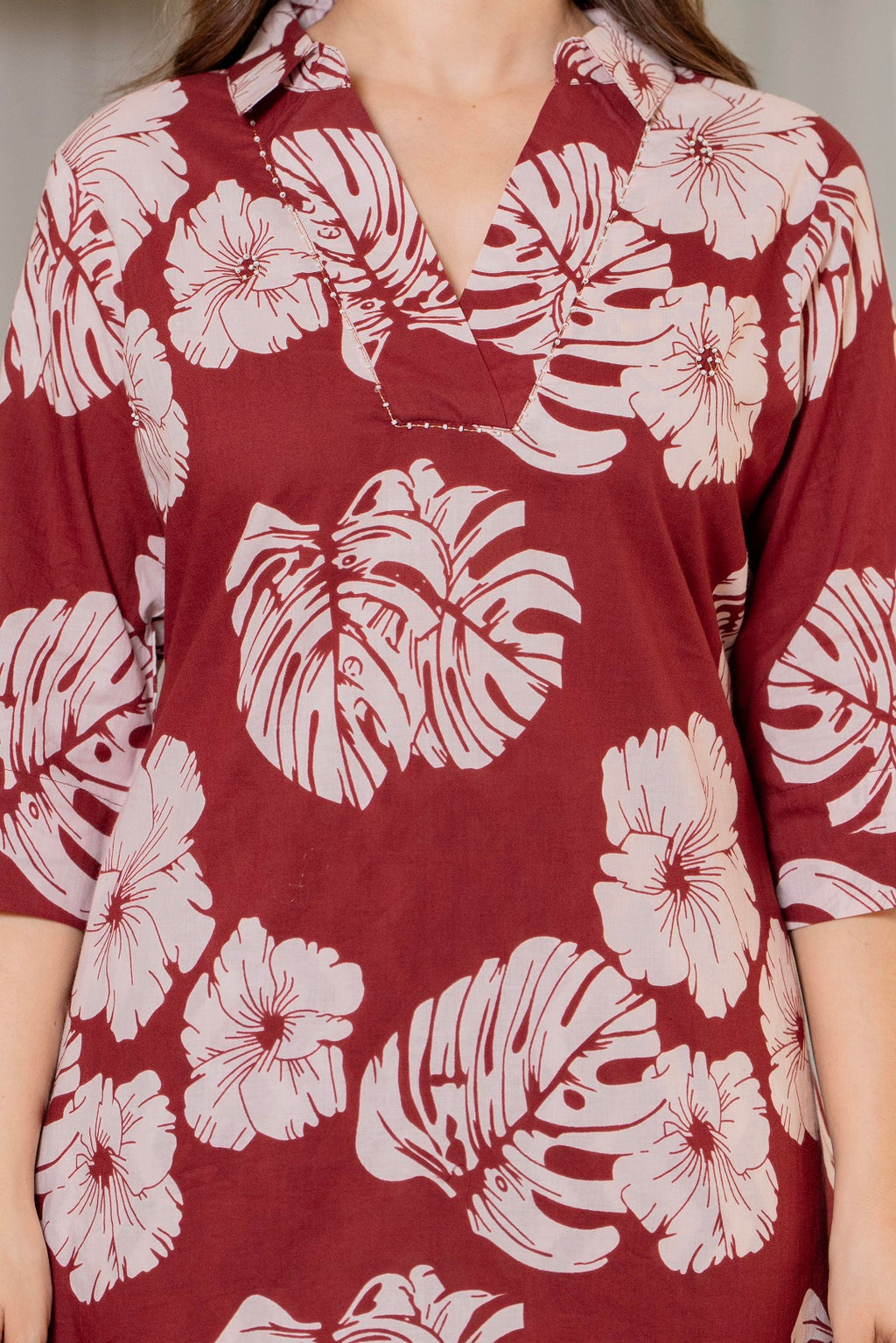 Women Maroon Pure Cotton Floral Printed Top With Trouser Co-Ord Set